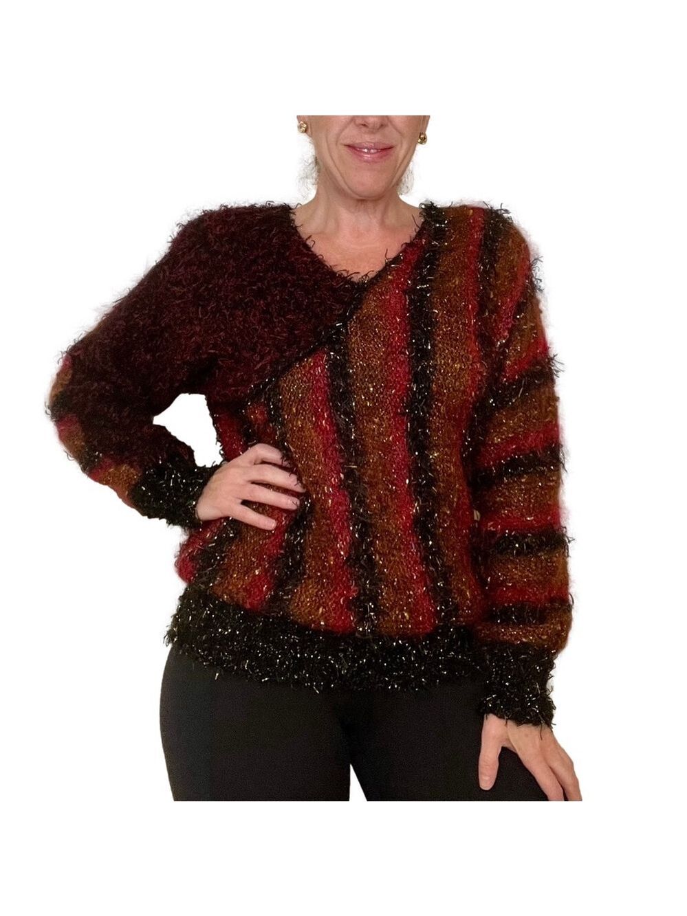 VINTAGE Franco Valeri Mohair Blend Sweater Women's S/P Red Black Metallic Thread